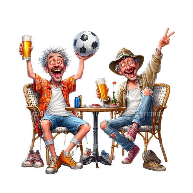 May include: Two men sitting at a table outside, one holding a soccer ball and the other holding a beer. They are both smiling and looking at the camera. There are two glasses of beer on the table, as well as some snacks.