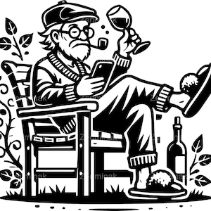 Könnte beinhalten: Schwarz-Weiß-Illustration einer Person, die in einem Stuhl sitzt, ein Telefon und ein Weinglas hält. Die Person trägt eine Mütze, eine Brille und Hausschuhe, mit einer Pfeife. Eine Weinflasche und ein Teller sind ebenfalls vorhanden.