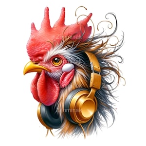 10 fantastiche clipart PNG di gallo con cuffie - Illustrazione di pollo con musica funky - Arte digitale per stampe