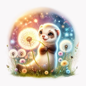 10 Magisches Frettchen PNG Clipart – Niedliches Fantasy Frettchen Halten glühenden Löwenzahn in verzauberten Feld – Pastell glitzernde Tier Kunst