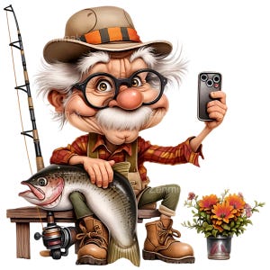 Può includere: Illustrazione di un cartone animato di un pescatore anziano che scatta un selfie con un grosso pesce. Indossa un cappello marrone, occhiali e una camicia a quadri. Sono visibili anche una canna da pesca e un piccolo bouquet di fiori.