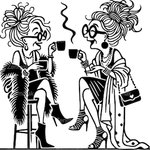 5 elegantes siluetas de mujeres tomando café en formato SVG, archivo de corte vintage con siluetas de amigas, elegante diseño de café para charlar para proyectos de Cricut