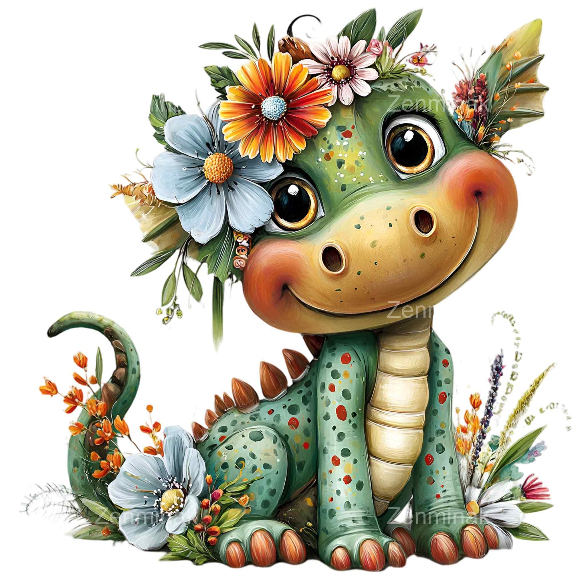 Spring Dinosaur 15 PNG Spring Dinosaur Clipart, Fantasy Animal Illustration, Floral ...