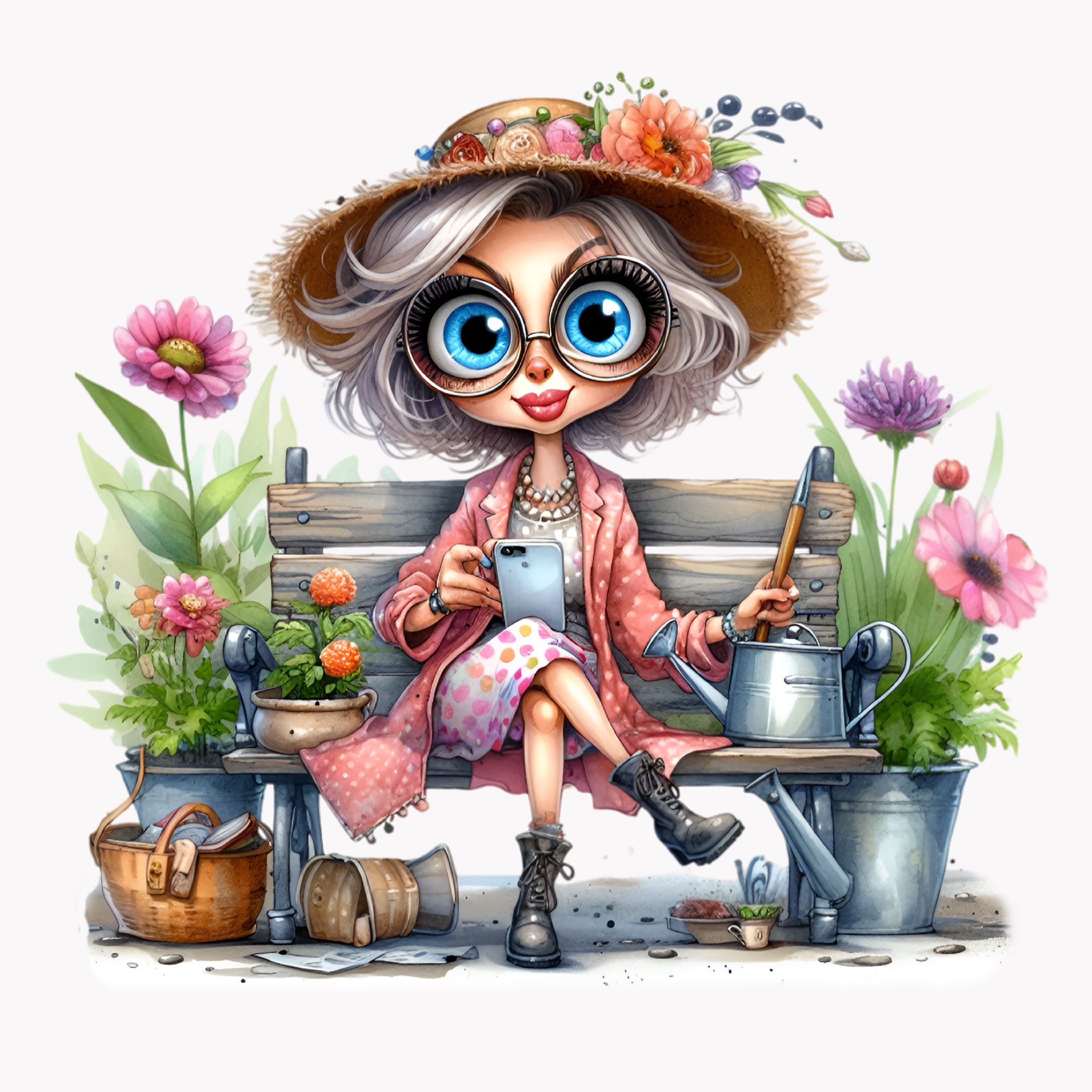 10 PNG Funny Granny Gardening PNG Clipart – Old Lady With Coffee and ...