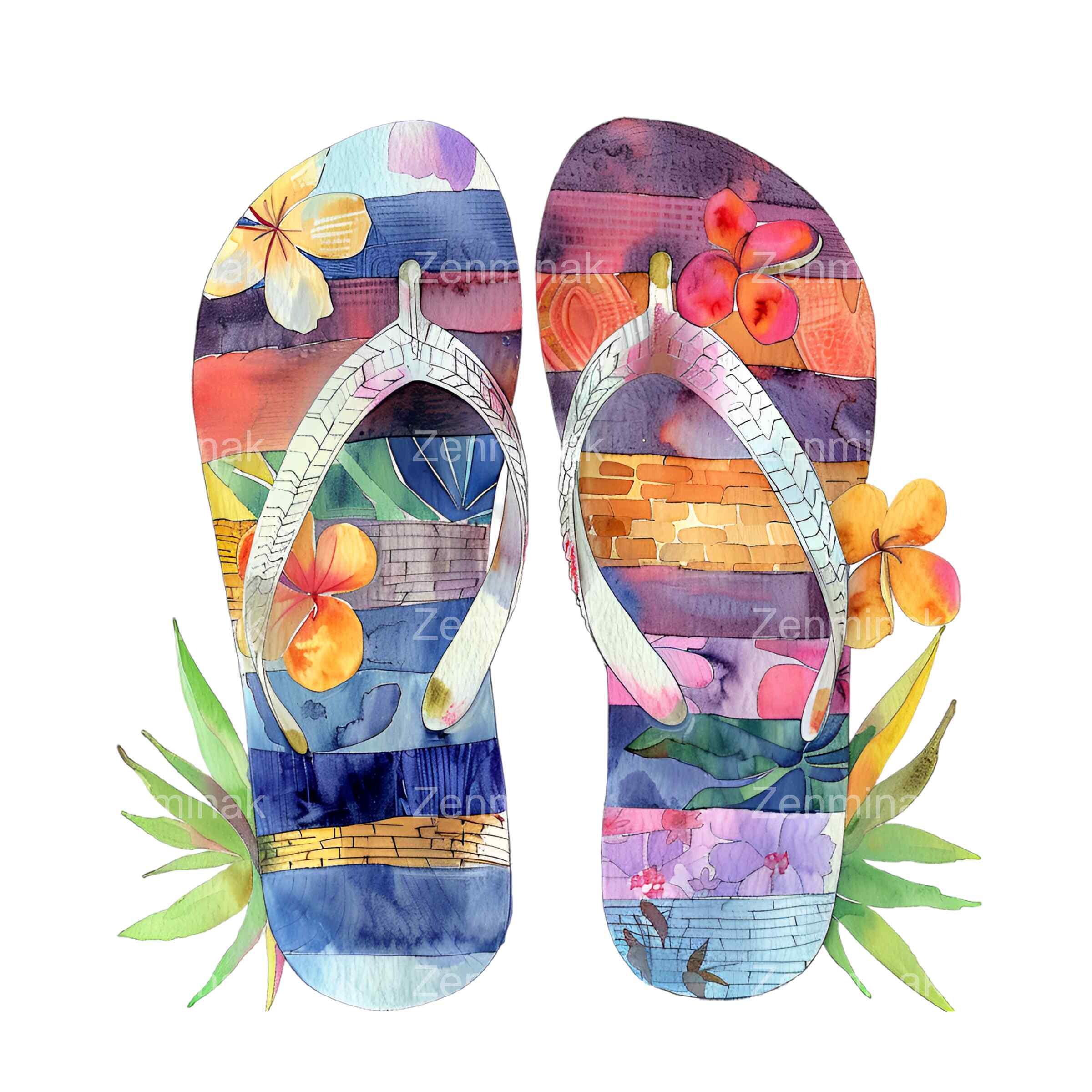 20 PNG Watercolor Flip Flops Clipart, Summer Beach Sandal Sublimation ...