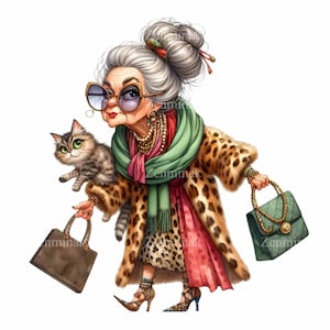 12 PNG Senhora idosa engraçada – Clipart PNG excêntrico – Avó com casaco de leopardo e gato, óculos de sol, saltos altos e bolsas para projetos de artesanato peculiares