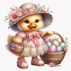 10 Clip Art de Patinho de Páscoa PNG - Pintinho Adorável em Chapéu Floral com Cesta de Ovos, Ilustração Pastel de Primavera