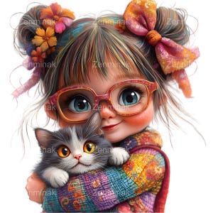 Adorable Girl with Cat PNG Clipart, 15 Cute Kid with Glasses and Kitty in Basket, Whimsical Pet Illustration Download