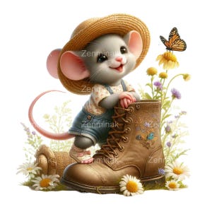 Souris printanière avec botte PNG - 15 cliparts animaux mignons des bois, adorable souris au chapeau de paille, art numérique fantaisiste