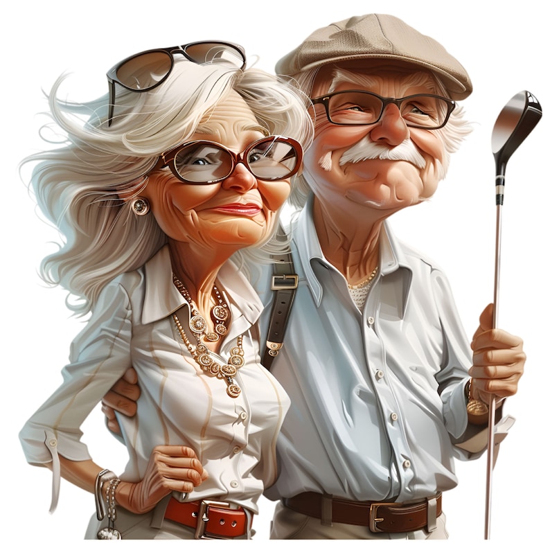 May include: A caricature of an older couple, the woman with white hair and wearing a white shirt, a gold necklace, and sunglasses, the man with a mustache and wearing a blue shirt, a brown cap, and glasses, holding a golf club.