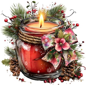Peut inclure: Une bougie rouge allumée dans un bocal en verre, décorée d'un nœud festif, d'aiguilles de pin, de baies et de pommes de pin. La bougie a un détail de corde autour du dessus et est entourée d'ornements sur le thème des fêtes.