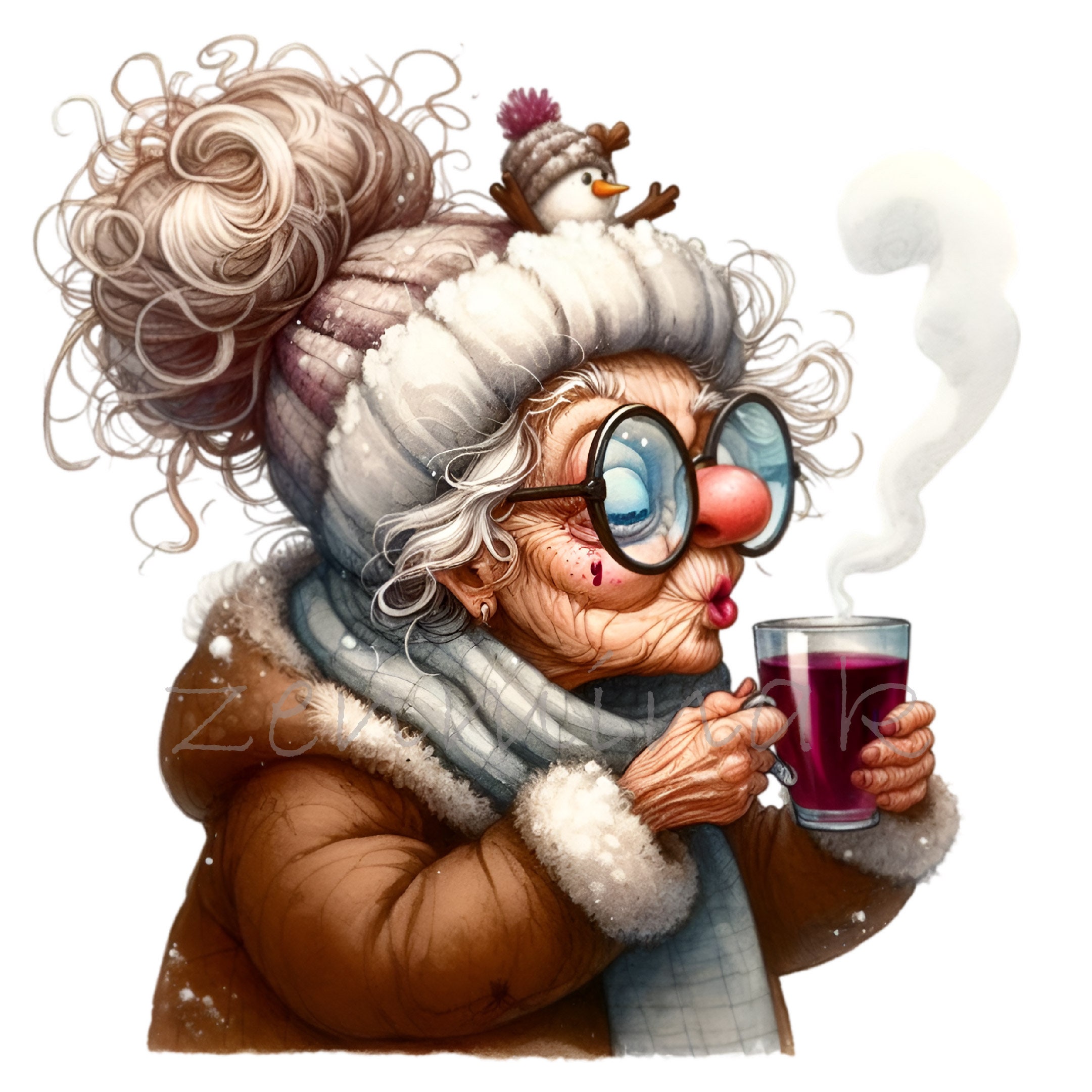 12 Funny Winter Grandma Clipart PNG, Elderly Woman Hot Drink, Cute Snow Hat, Glasses, Comical Old Lady, Winter Cartoon Clip Art
