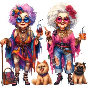 10 donne anziane PNG con cani Clip Art, nonne alla moda audaci PNG, design di arte digitale eccentrico a tema animale domestico