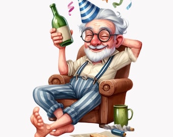 Funny Grandpa Drinking Wine Clipart Bundle, Grandfather Png, Elderly Wall Art, Senior Graphics Png, 10 PNG, Digital Download