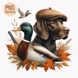 10 cliparts PNG de chien de chasse au canard - Labrador automne en chapeau avec colvert et fusil de chasse - faune d'automne rustique imprimable pour les chasseurs