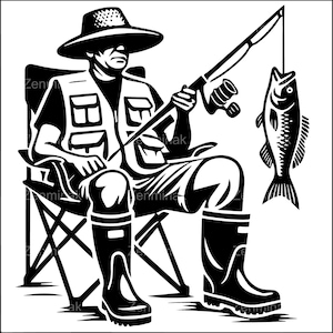 4 Pescador sentado con captura SVG, silueta de caña de pescar y lubina, arte digital para pasatiempos al aire libre