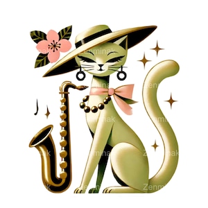 20 ジャズ猫クリップ アート PNG、レトロなサックス猫のイラスト、スタイリッシュなビンテージ音楽をテーマにしたデジタル アート