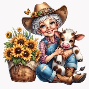 10 PNG Abuela de granja y ternero PNG – Linda anciana con vaca bebé y girasoles para decoración campestre, tarjetas de granja o manualidades rurales