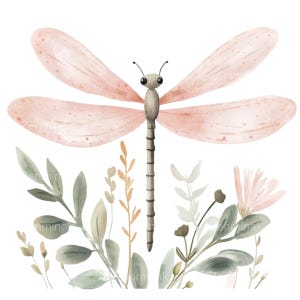 15 Libelle PNG Clipart, zartes rosa geflügeltes Insekt mit Blättern und Blumen im eleganten Aquarell-Stil