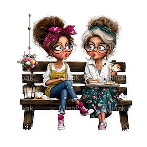 16 PNG Lustige Frauen mittleren Alters, Clipart PNG - Zwei Damen auf der Bank trinken Tee, große Augen, unordentliche Brötchen, niedliche Outfits, wunderlicher Stil