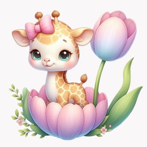 10 graziosi clipart PNG di giraffa bambino - fiore di tulipano rosa, occhi grandi, fiocco sulla testa, scena floreale primaverile, adorabile arte di animali della giungla