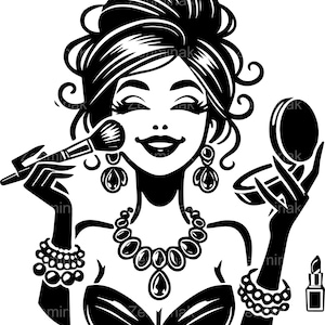 6 SVG Mulher Maquiagem SVG, Senhora Elegante Aplicando Blush com Espelho Batom Jóias Arquivo de Corte para Cricut Silhouette