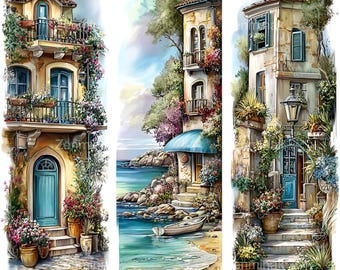10 PNG Mediterranean Coastal Village Watercolor Clipart, Bookmark Italy Town
