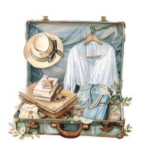 12 imágenes prediseñadas de maletas vintage PNG, ilustración de artículos esenciales de viaje para damas elegantes, sombreros, vestidos, libros, perfumes, arte