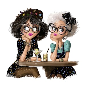 15 PNG Funny senior ladies PNG – Two quirky women with polka dot outfits and drinks at table – Humorous clipart for friendship and fun craft