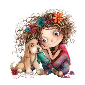 15 Quirky Girl and Dog PNG Clipart, Criança Caprichosa com Flores, Ilustração de Fantasia Fofa, Download Digital
