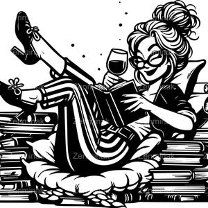 4 SVG amateur de livres drôles SVG, clipart femme lisant du vin, détente avec des livres PNG, fichier numérique de lecteur, art bibliophile