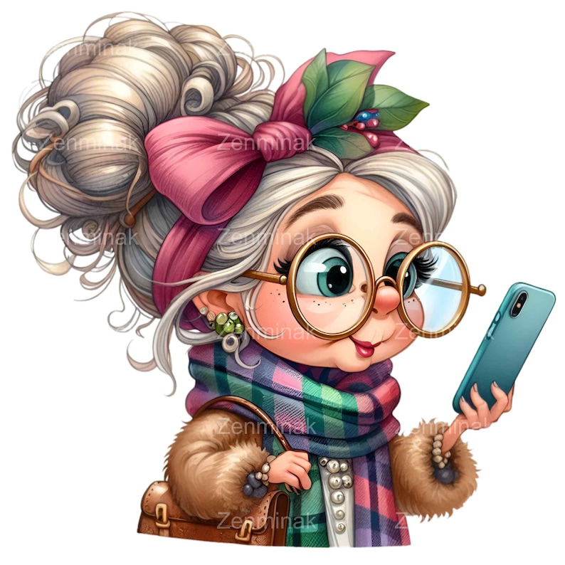 May include: A cartoon illustration of a woman with grey hair, wearing a pink bow, green and pink plaid scarf, brown fur coat, and round glasses, holding a blue smartphone.