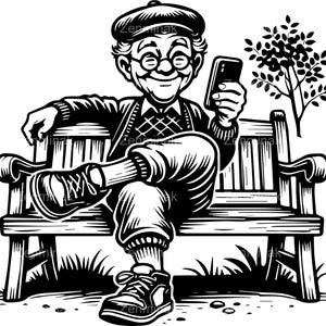 4 SVG Vecchio con Smartphone SVG – Nonno seduto su una panchina File di taglio – Clipart digitale divertente per biglietti, artigianato e regali umoristici