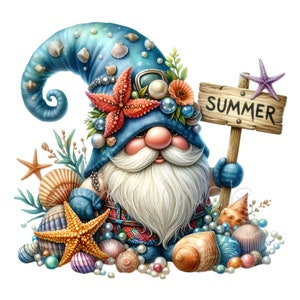 16 Summer Gnome PNG Clipart, Beach Gnome with Seashell Hat and Sign, Coastal Ocean Dwarf Illustration for Decor