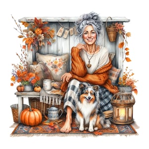 10 PNG Autunno dama del portico - Clipart PNG autunnale - Nonna a piedi nudi con cane, zucche, coperta scozzese e lanterna per progetti di decorazioni stagionali