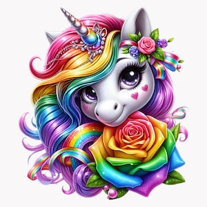 10 imágenes prediseñadas de unicornio arcoíris PNG, unicornio de fantasía colorido con rosa, descarga digital caprichosa para manualidades