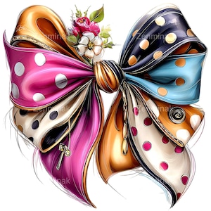 May include: A digitally rendered bow with multiple layers and colors. The bow features a combination of pink, gold, black, and blue fabrics, some with polka dots. A small floral arrangement sits atop the bow, and a gold charm hangs from the bow's center.