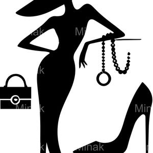 7 SVG de silueta de mujer elegante, archivo de corte de joyería con tacones altos, sombrero, bolso, clipart de moda femenina elegante para proyectos de manualidades