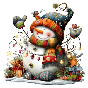 May include: A whimsical snowman illustration with a carrot nose, wearing a colorful scarf, hat, and mittens. The snowman is decorated with festive lights, gifts, and birds, creating a cheerful holiday scene.