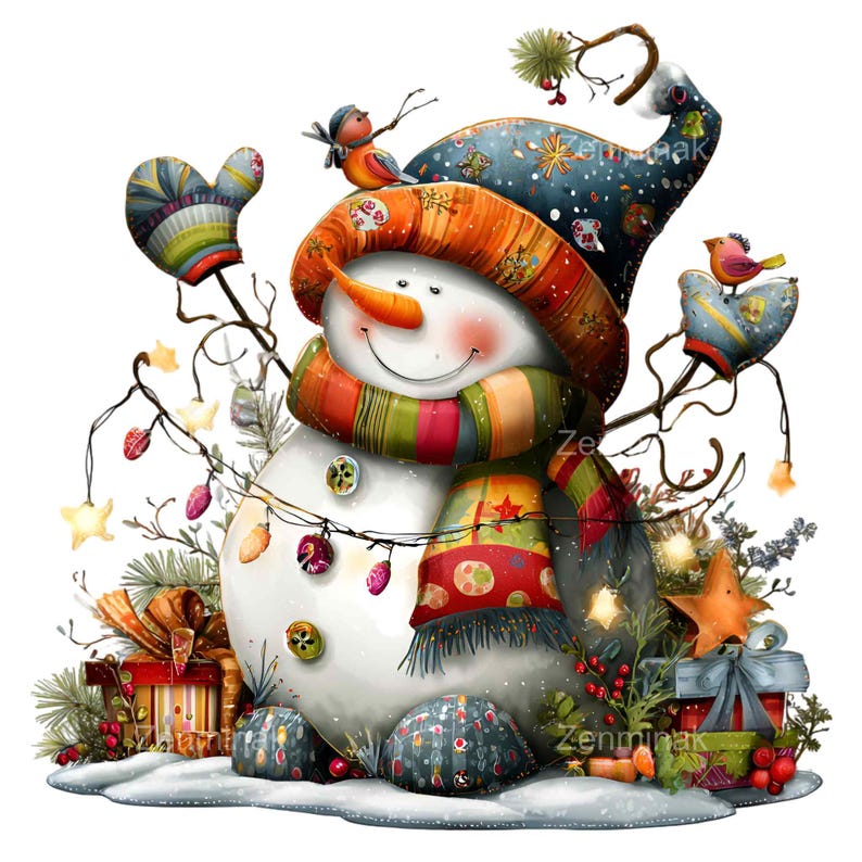 May include: A whimsical snowman illustration with a carrot nose, wearing a colorful scarf, hat, and mittens. The snowman is decorated with festive lights, gifts, and birds, creating a cheerful holiday scene.