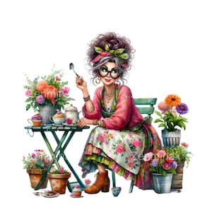 16 imágenes PNG de ancianas divertidas con juego de té, cupcakes, flores, escena de jardín y una divertida ilustración de abuela.