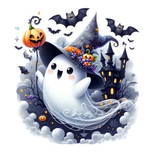 12 simpatici PNG Clipart fantasma con cappello da strega e bacchetta di zucca, illustrazione di casa stregata, arte spettrale di Halloween