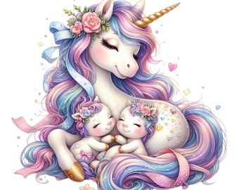 Puede incluir: Un unicornio blanco con una crin y cola rosa, azul y morada está sosteniendo dos unicornios bebés. Los unicornios bebés son blancos con crines y colas rosas y azules. La familia de unicornios está rodeada de cintas rosas y azules y purpurina.