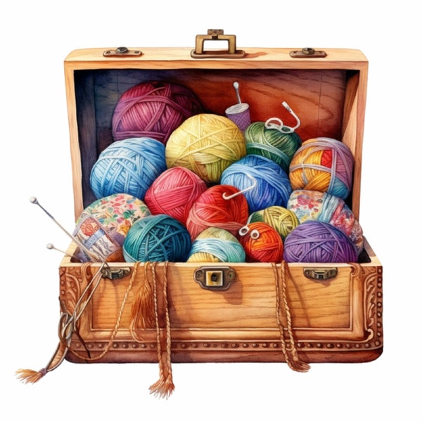 Watercolor Knitting Clipart Illustration,  20 PNG, Knitting Basket Sublimation, Yarn Ball