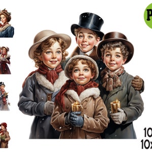 10 png-victoriaanse Carolers-clipart – png-bundel kerstkoor kinderen en volwassenen – vintage vakantieillustraties voor kaarten en knutselen