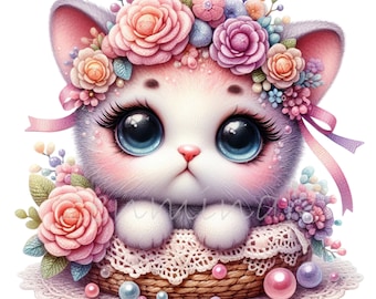 10 imagens PNG de gatinhos, ilustração floral de gato para quarto de bebê, arte de animais em tons pastel.