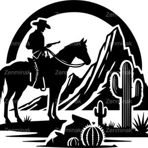 4 SVG Desert Cowboy SVG – Jeździec konny z kaktusem i górą Wytnij plik – Scenic Silhouette Clipart do rustykalnego zachodniego rzemiosła
