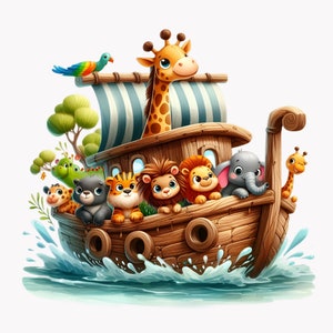 Noah’s Ark Clipart Bundle, Animals Clipart, Christian Clipart, Bible Graphic Png, 10 PNG, Nursery Wall Art, Birthday Clipart, Baby Shower