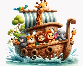 Noah’s Ark Clipart Bundle, Animals Clipart, Christian Clipart, Bible Graphic Png, 10 PNG, Nursery Wall Art, Birthday Clipart, Baby Shower