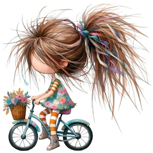14 Chica en bicicleta PNG Clipart - Linda ilustración floral en bicicleta - Arte digital divertido para manualidades e impresiones